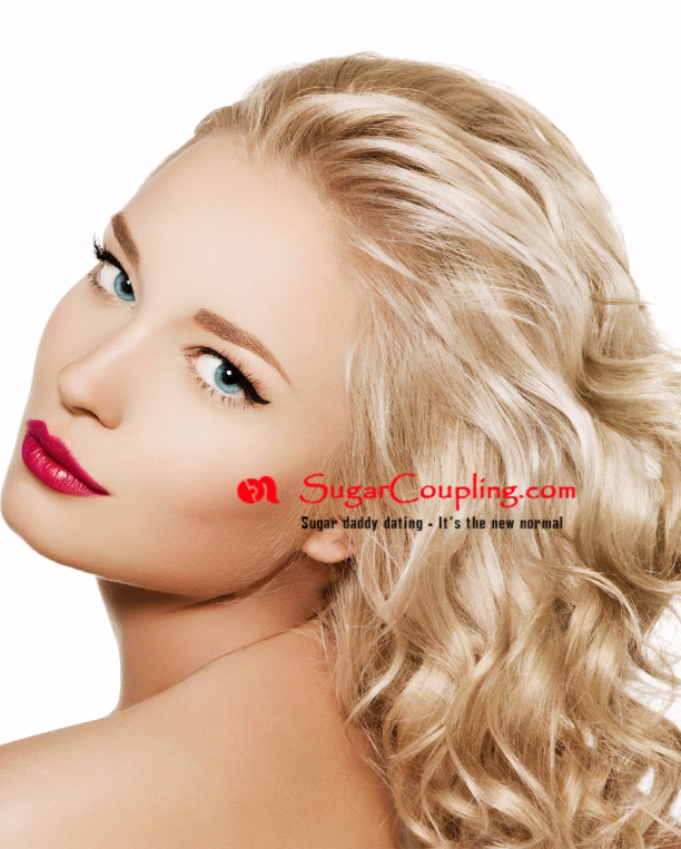 beautiful blonde woman looks up to camera  sugarcoupling.com